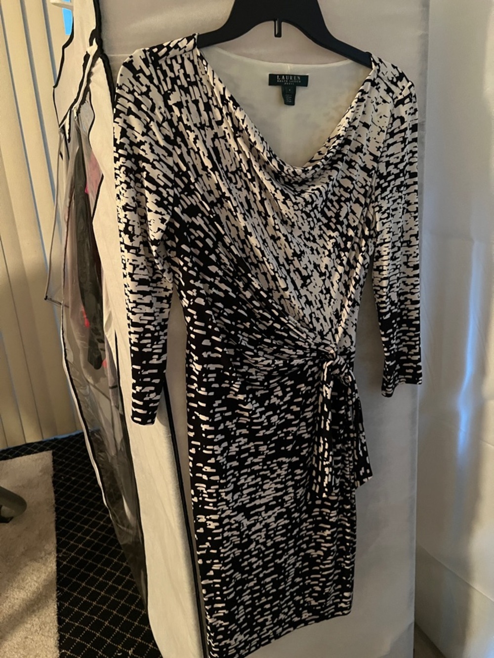 Lauren Ralph Lauren Black and White Printed Wrap-Style Long Sleeve Dress